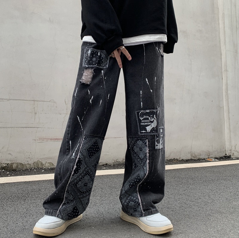 Vintage Washed Jeans Men Women Streetwear Jeans Harajuku Cartoon Anime Print Jeans Fashion GirlJeans Loose Wide Leg Pants Cotton