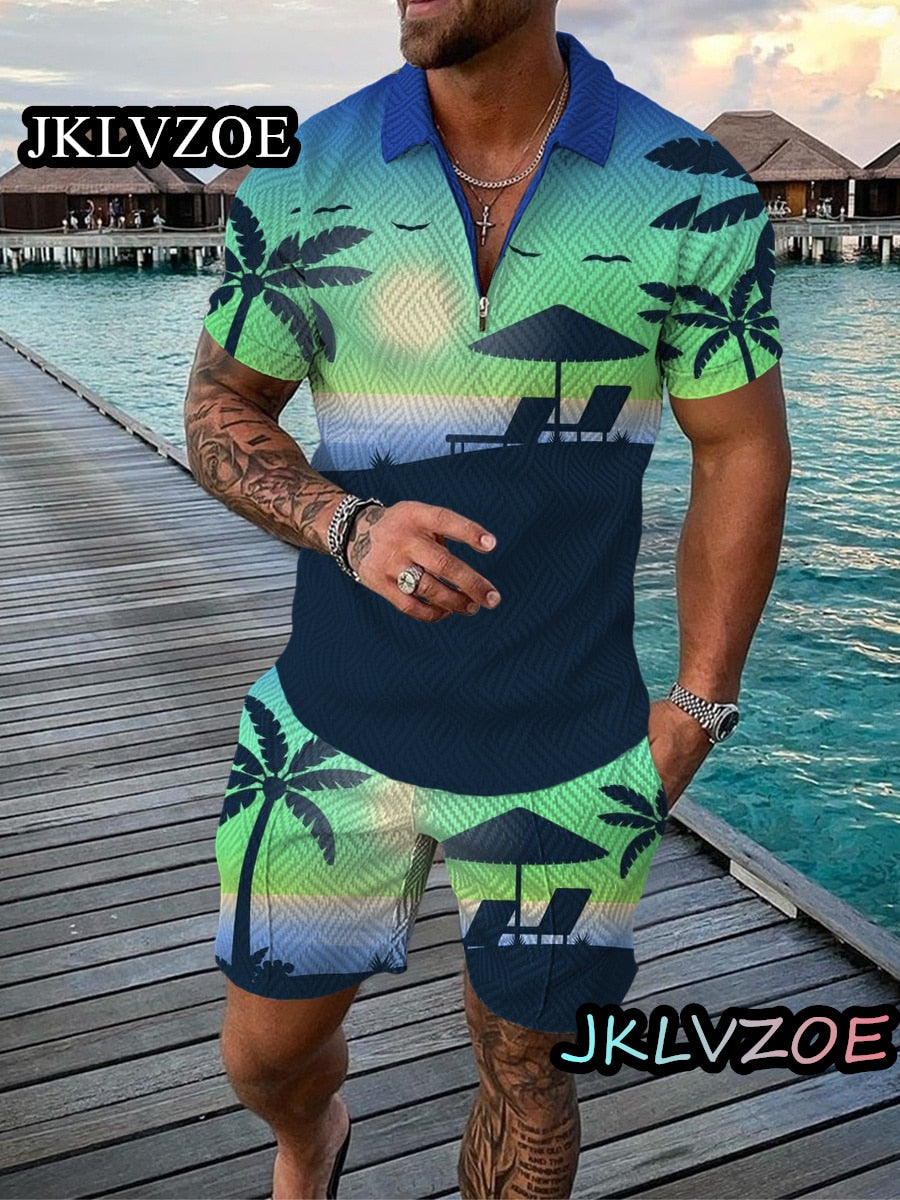 Men&#39;s Tracksuit 2 Piece Set Summer Maple Leaf Print 3D Short Sleeve Zipper Polo T Shirt Shorts Sportswear Casual Man Clothing