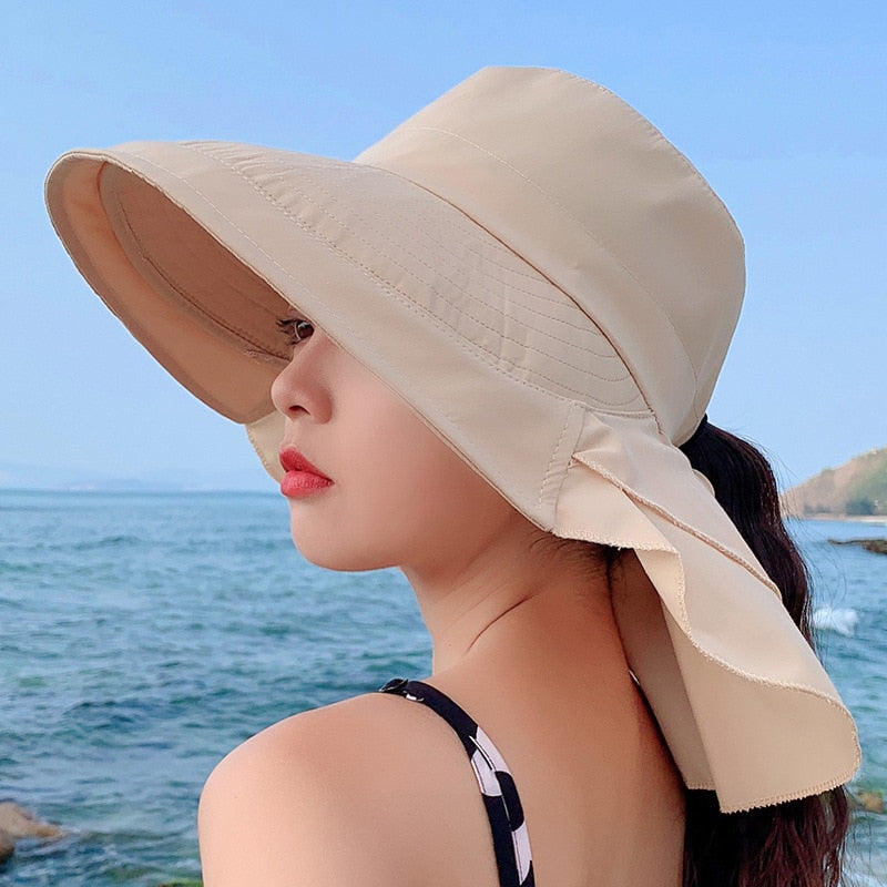 Sparsil Women&#39;s Summer Hat for The Sun Wide Brim UV Neck Protection Solar Beach Hats Foldable Ponytail Travel Sun Panama Caps