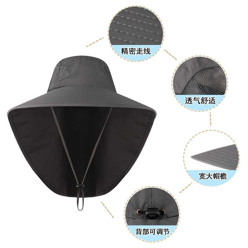 Wide Brim Bucket Hat with Neck Cover Quick Dry Large Brim Fishing Hat Outdoor Sports Jungle Hiking Hat Men Fishermen Sun Hat Cap