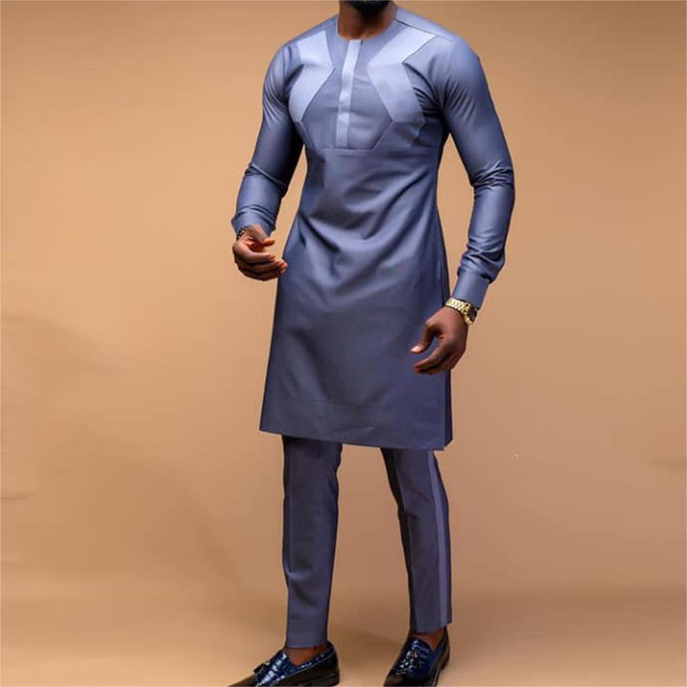 Men's 2-Piece Suit Set - Solid Color Round Neck Embroidery Long Sleeve Top and Trousers, Perfect for Wedding and Ethnic Inspired Style