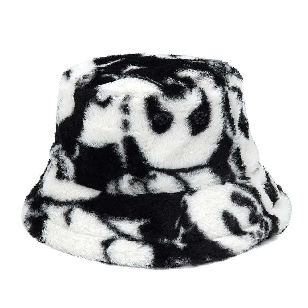 Winter Bucket Hats Women Fashion Print Ladies Warm Panama Hat Wool Soft Velvet Thickened Fur Rabbit Hair Outdoor Fisherman Hat