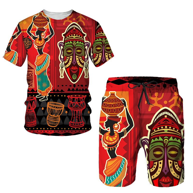 Men&#39;s African Style Summer Tracksuit Ethnic Totem Print T-Shirt Shorts Set Casual Clothing Vintage Oversized Fashion Outfits