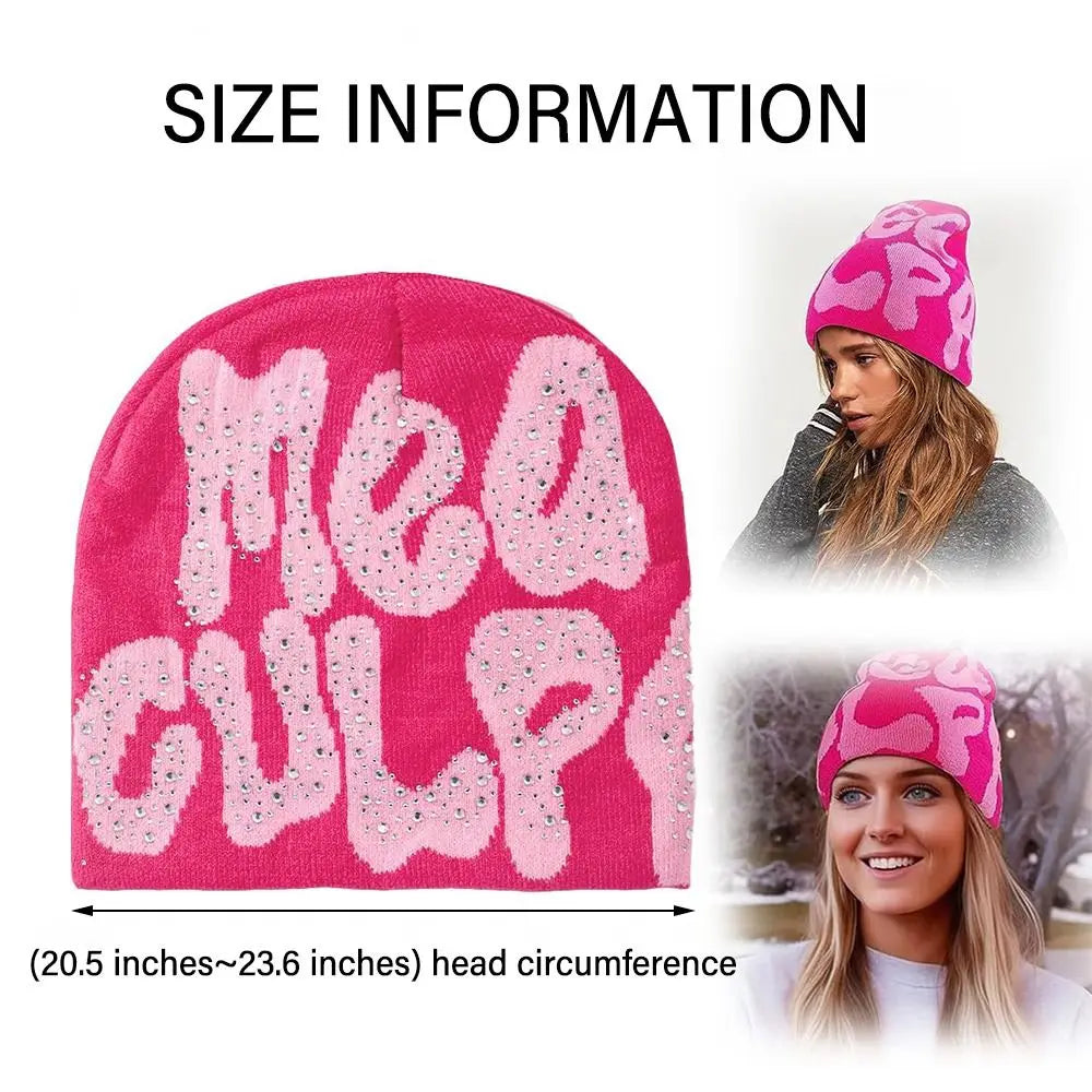 NEW Y2K MEA Culpa Beanies Hat with Rhinestone for Women Men Beanies Hats Hip-hop Soft Stretch Warm Knitted Slouchy Cap