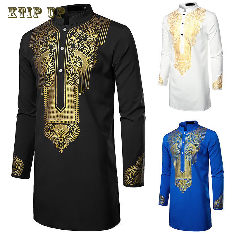 Luxury Casual Islamic Arabic Abaya Robe Fashion Ethnic Print Stand Collar Youth Mid-length Shirt Coat 2023 Muslim Men Clothing