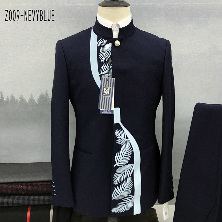 Fashion New Men&#39;s Casual Boutique Chinese Stand Collar Tunic Design Suit 2 Piece Set Blazers Jacket Coat Pants Trousers