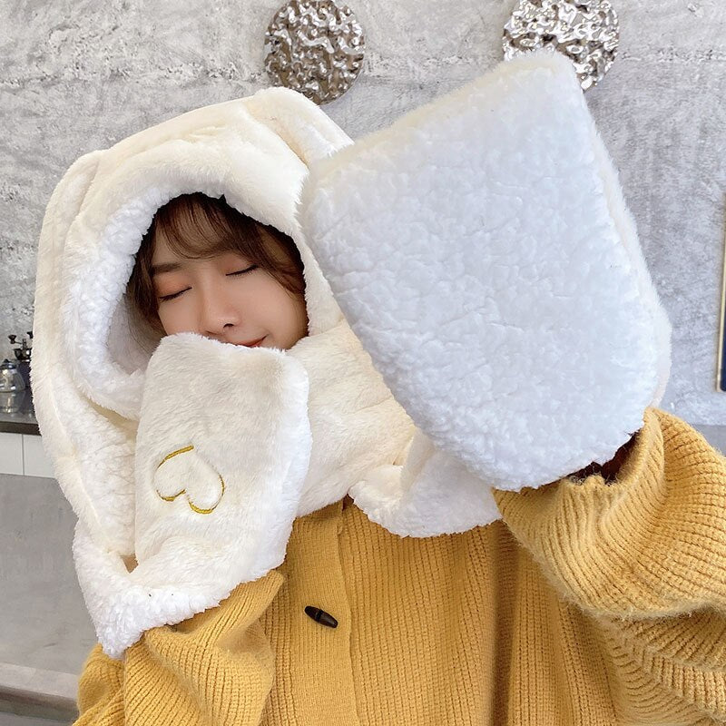 New Fashion Scarf Hat Glove Women Cute Big Ear Bunny Beanie Winter Warm Soft Thickening Pocket Warm Ear Hats Hooded Skullie