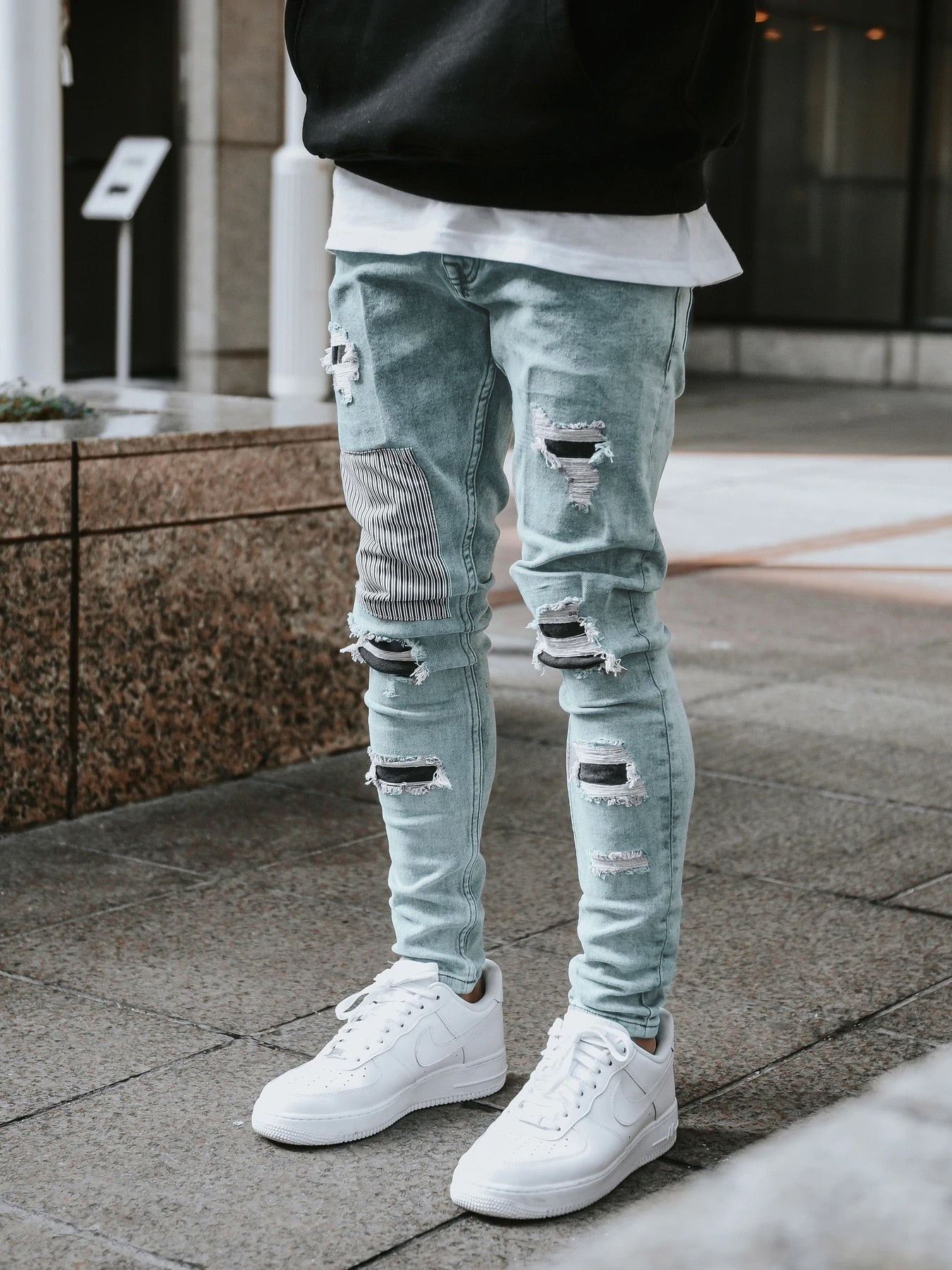 Men&#39;s Skinny Ripped Jeans Streetwear Fashion Beggar Patch Men Pencil Pants Grey/Blue Slim Denim Trousers Casual Jeans for Men