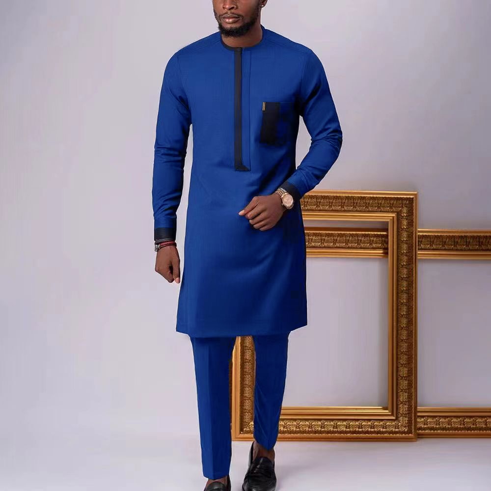 Men's 2-Piece Suit Set - Solid Color Round Neck Embroidery Long Sleeve Top and Trousers, Perfect for Wedding and Ethnic Inspired Style