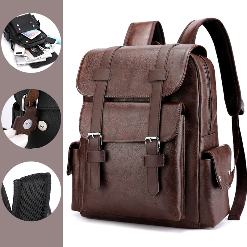 Men Backpack PU Leather Bagpack Large Laptop Backpacks Male Mochilas Black Schoolbag For Teenagers Boys Brown Sac A Dos