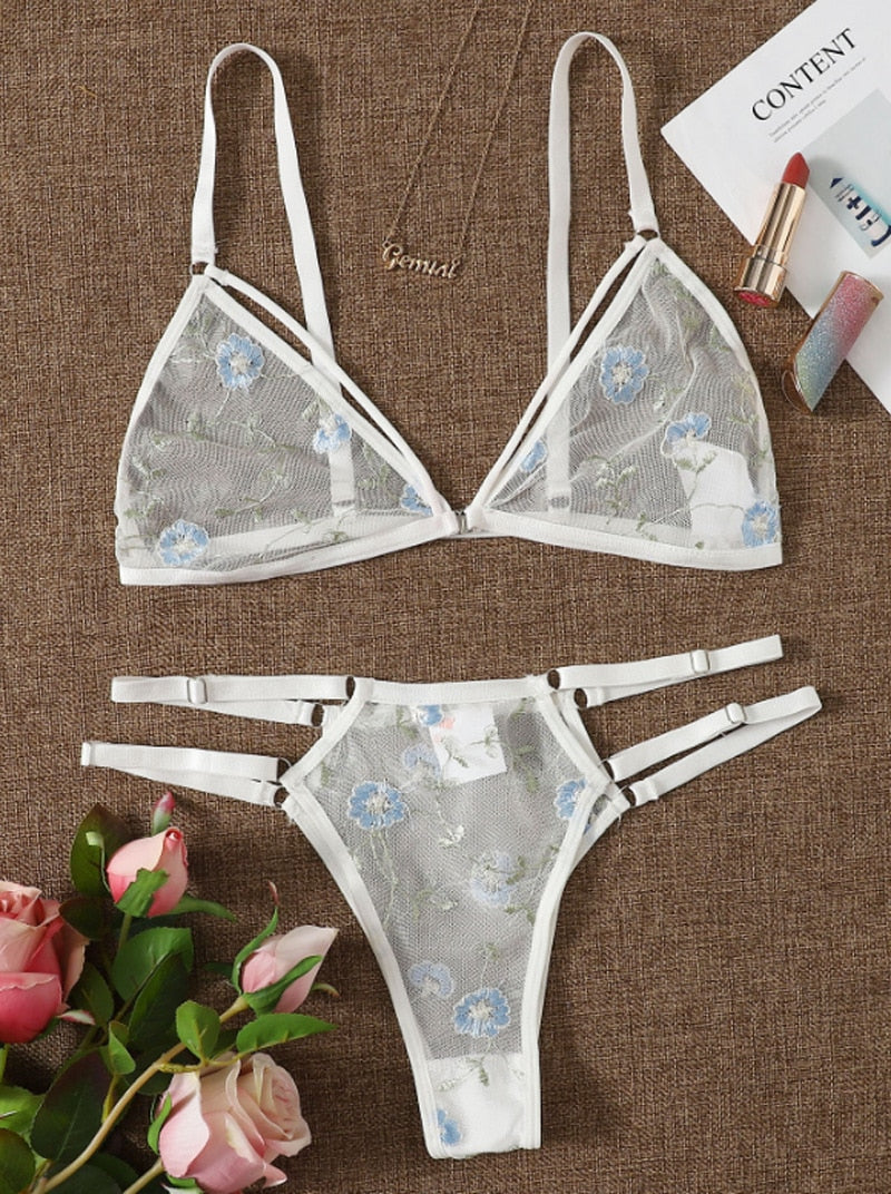 Underwear Sexy Suit Transparent Bra Female 2 Pieces Floral Embroidery Underwear Suit Lace Without Steel Support Bra
