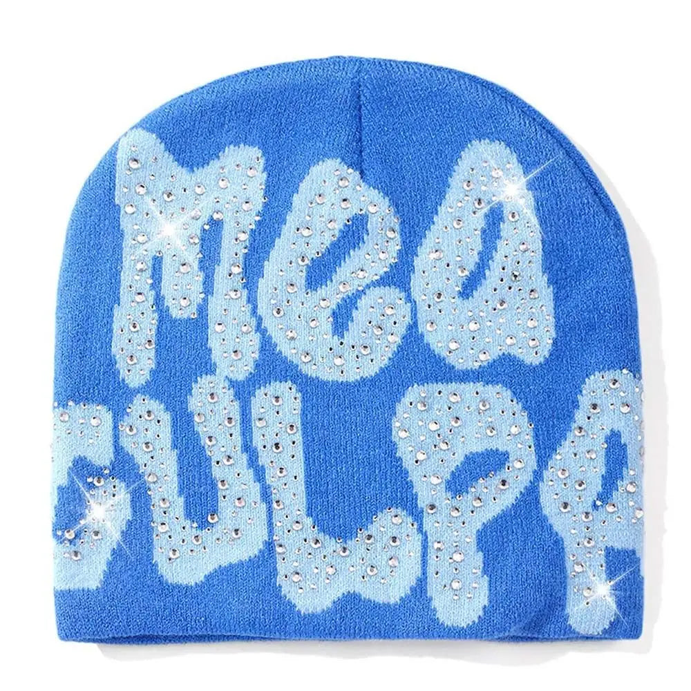 NEW Y2K MEA Culpa Beanies Hat with Rhinestone for Women Men Beanies Hats Hip-hop Soft Stretch Warm Knitted Slouchy Cap