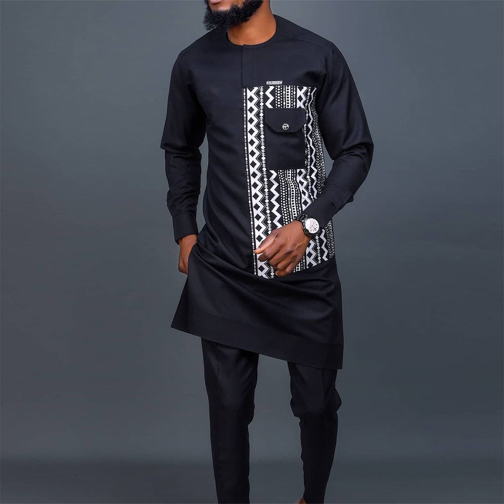 Men's 2-Piece Suit Set - Solid Color Round Neck Embroidery Long Sleeve Top and Trousers, Perfect for Wedding and Ethnic Inspired Style