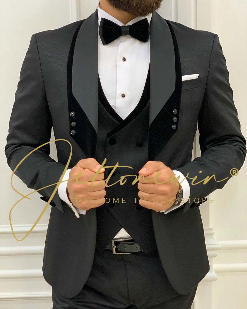 Costume Homme Mariage Formal Fashion Black Slim Fit Suits For Men 3 Piece Groom Wedding Suit Tuxedo  Latest Coat Pant Design