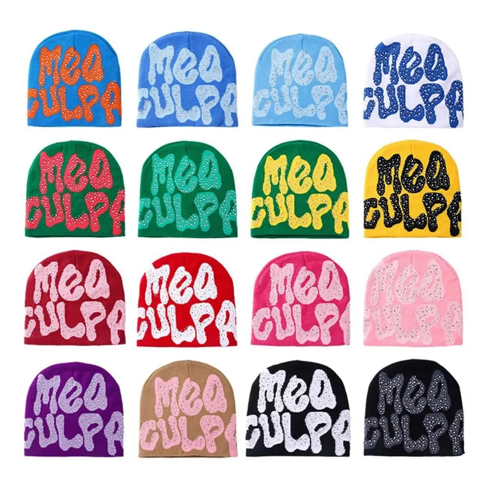 NEW Y2K MEA Culpa Beanies Hat with Rhinestone for Women Men Beanies Hats Hip-hop Soft Stretch Warm Knitted Slouchy Cap