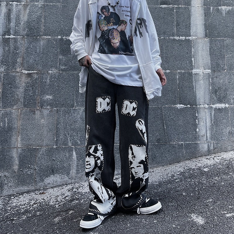 Vintage Washed Jeans Men Women Streetwear Jeans Harajuku Cartoon Anime Print Jeans Fashion GirlJeans Loose Wide Leg Pants Cotton