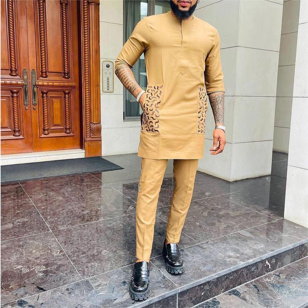 Men's 2-Piece Suit Set - Solid Color Round Neck Embroidery Long Sleeve Top and Trousers, Perfect for Wedding and Ethnic Inspired Style