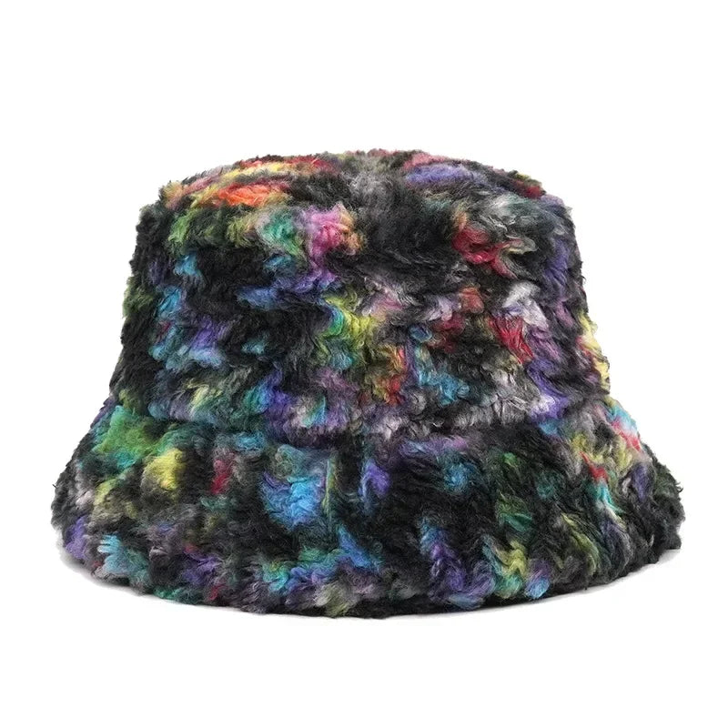 Winter Bucket Hats Women Fashion Print Ladies Warm Panama Hat Wool Soft Velvet Thickened Fur Rabbit Hair Outdoor Fisherman Hat