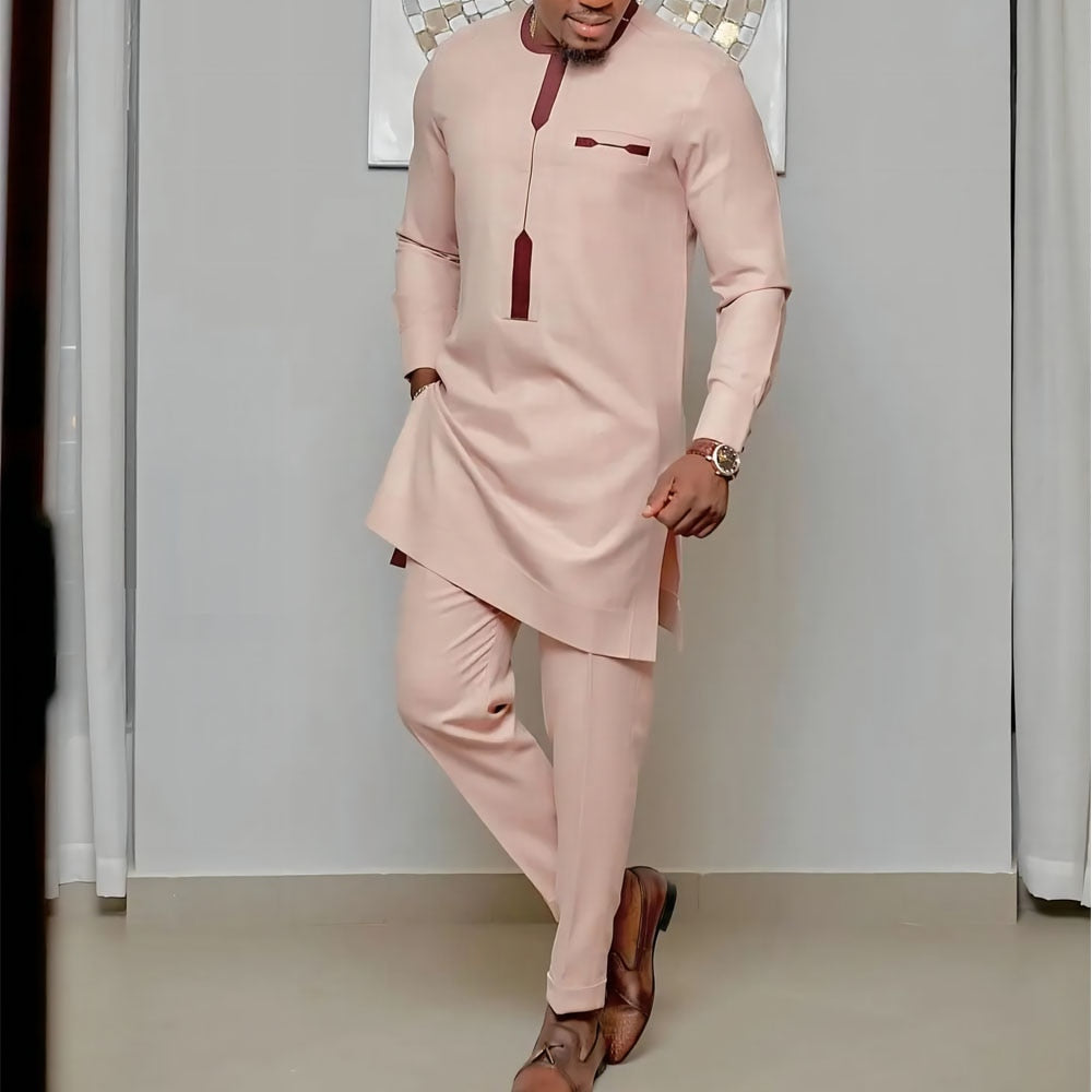 Men's 2-Piece Suit Set - Solid Color Round Neck Embroidery Long Sleeve Top and Trousers, Perfect for Wedding and Ethnic Inspired Style