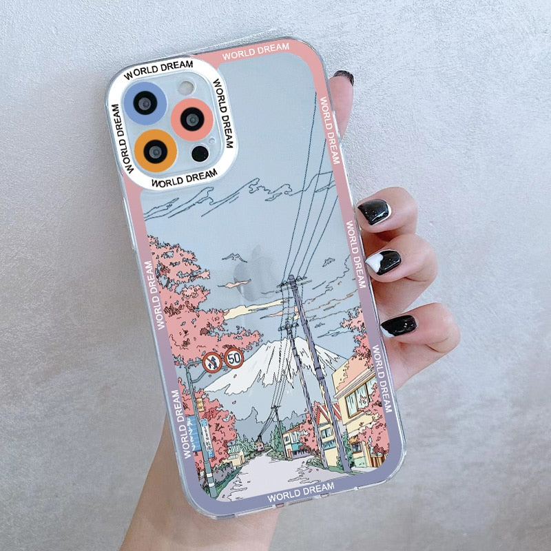 Japanese Anime Hand Painted House scenery Clear Phone Case For iPhone 13 14 12 11 Pro Max X XR XS 7 8Plus SE2 Transparent Cover