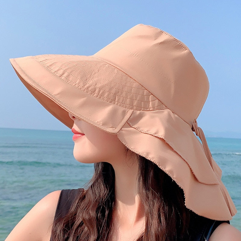 Sparsil Women&#39;s Summer Hat for The Sun Wide Brim UV Neck Protection Solar Beach Hats Foldable Ponytail Travel Sun Panama Caps