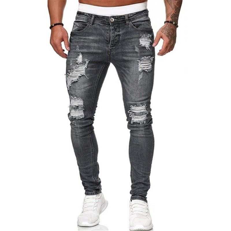 Ripped Jeans Men Stretch Skinny Grey Blue Black Hip Hop Denim Trousers Streetwear Casual Slim Fit Jeans for Men Jogging jean