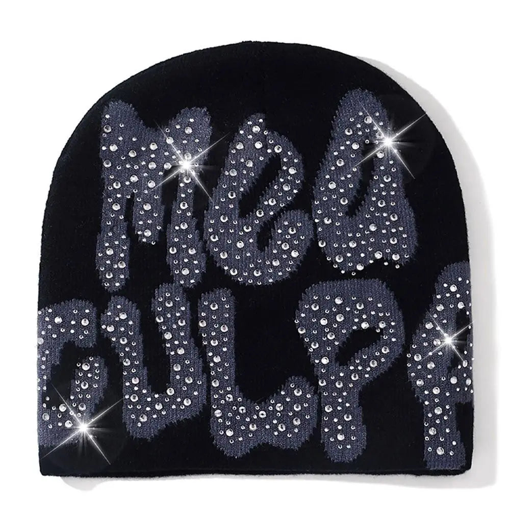 NEW Y2K MEA Culpa Beanies Hat with Rhinestone for Women Men Beanies Hats Hip-hop Soft Stretch Warm Knitted Slouchy Cap