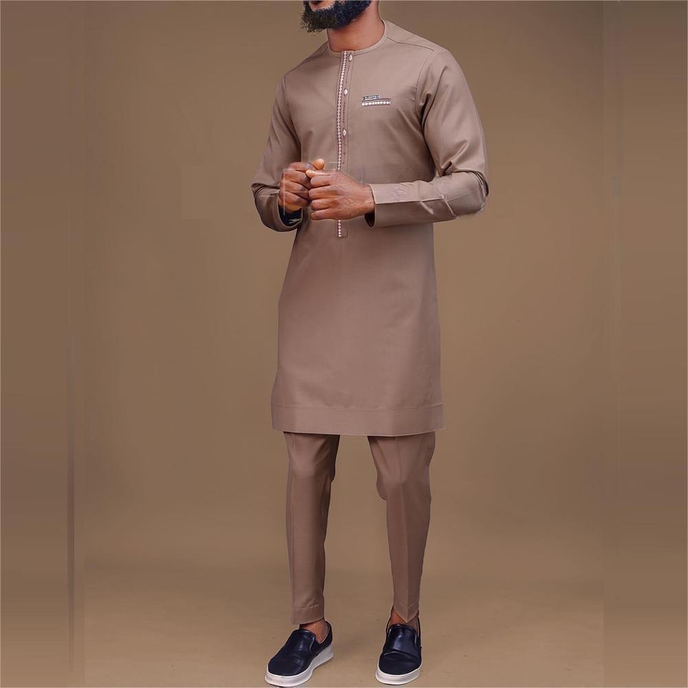 Men's 2-Piece Suit Set - Solid Color Round Neck Embroidery Long Sleeve Top and Trousers, Perfect for Wedding and Ethnic Inspired Style