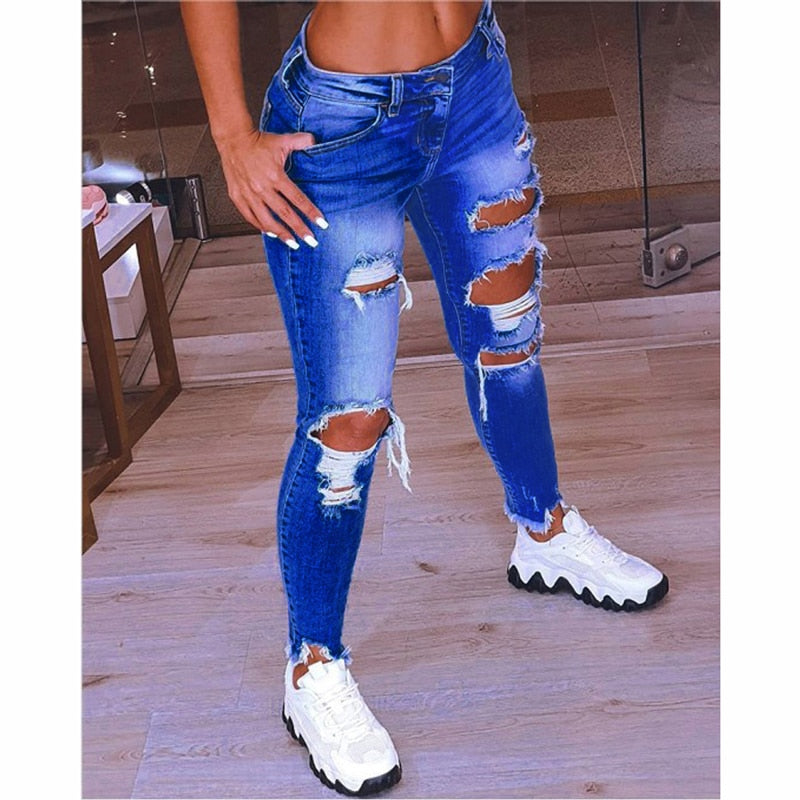 Spring New Women&#39;s Low Waist Ripped Jeans Fashion Slim Hip Lift Elastic Ankle-Length Denim Pencil Pants Plus Size Jeans 5XL