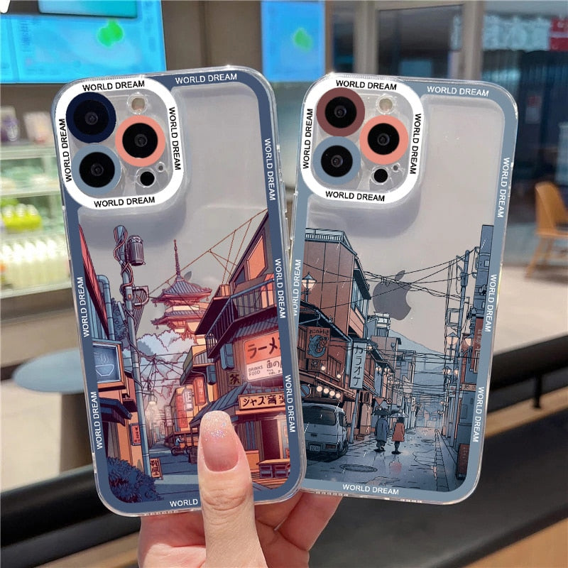 Japanese Anime Hand Painted House scenery Clear Phone Case For iPhone 13 14 12 11 Pro Max X XR XS 7 8Plus SE2 Transparent Cover