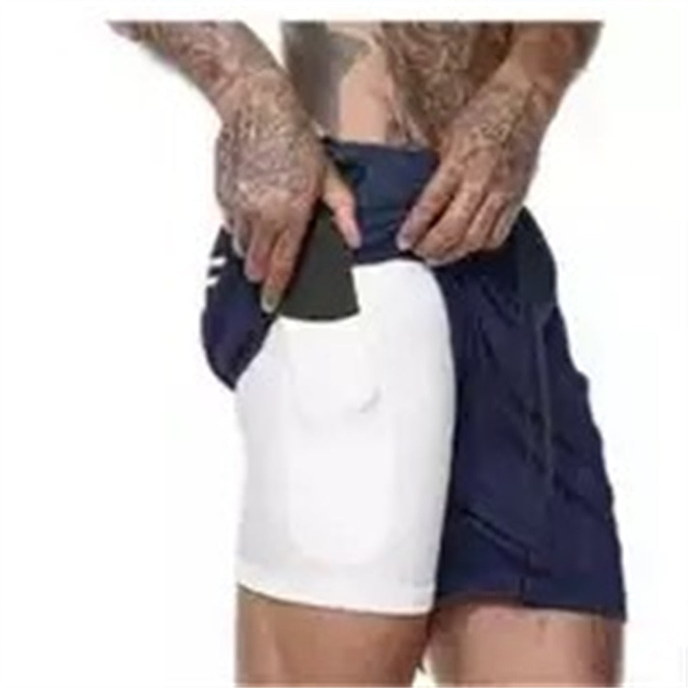 New Men&#39;s Double Layer Solid Shorts Large Size Fitness Training Fast Running Pants