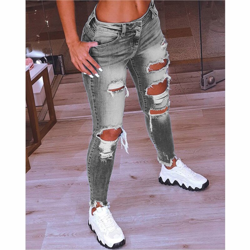 Spring New Women&#39;s Low Waist Ripped Jeans Fashion Slim Hip Lift Elastic Ankle-Length Denim Pencil Pants Plus Size Jeans 5XL