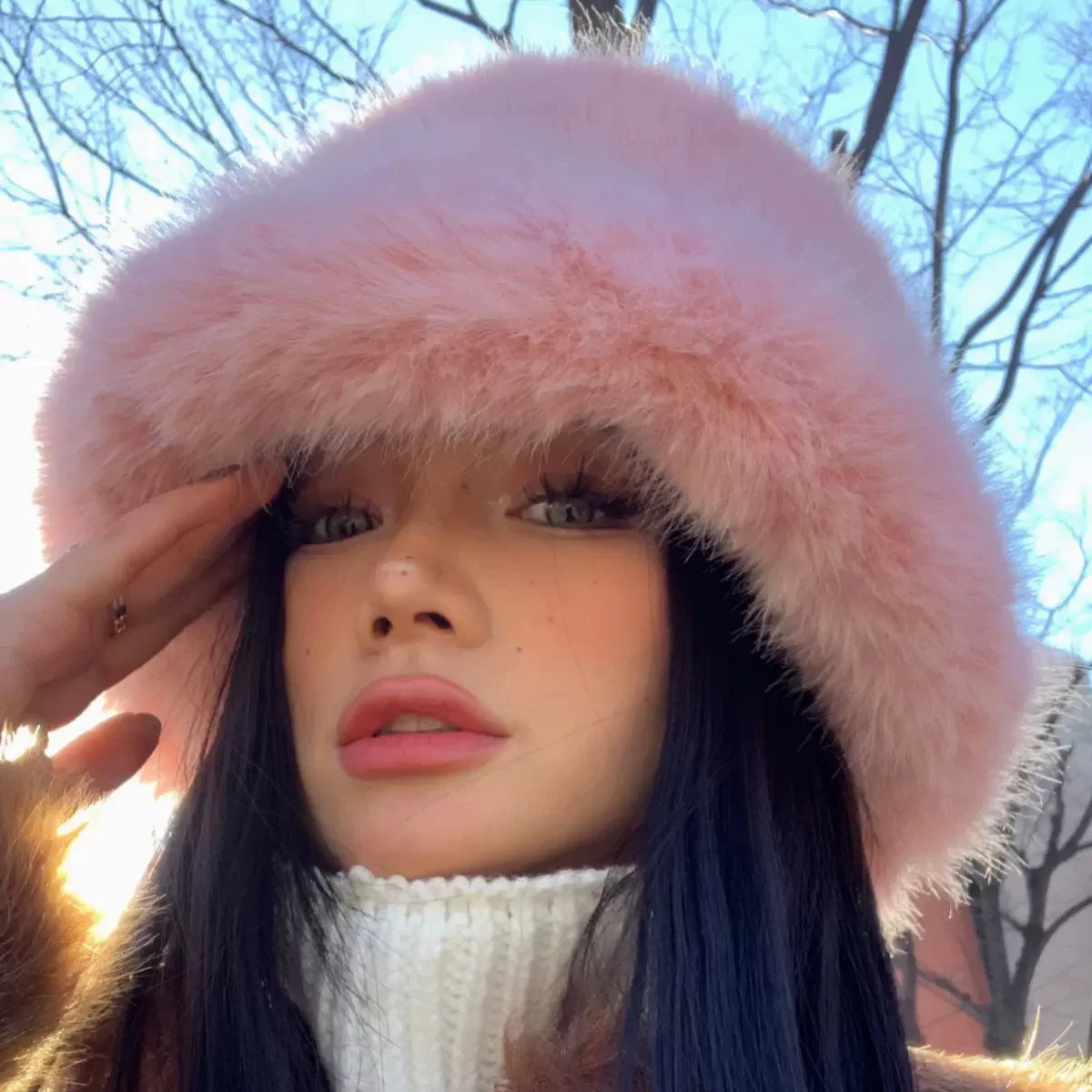 Fluffy Faux Fur Bucket Hats Women Rabbit Fur Warm Thick Plush Winter Hat Lady Fashion Luxury Panama Furry Fisherman Cap Y2k