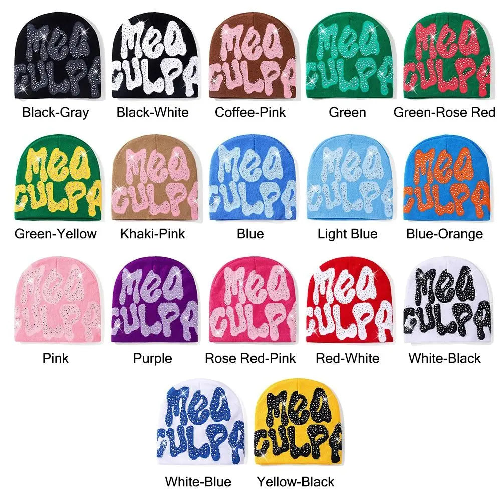 NEW Y2K MEA Culpa Beanies Hat with Rhinestone for Women Men Beanies Hats Hip-hop Soft Stretch Warm Knitted Slouchy Cap