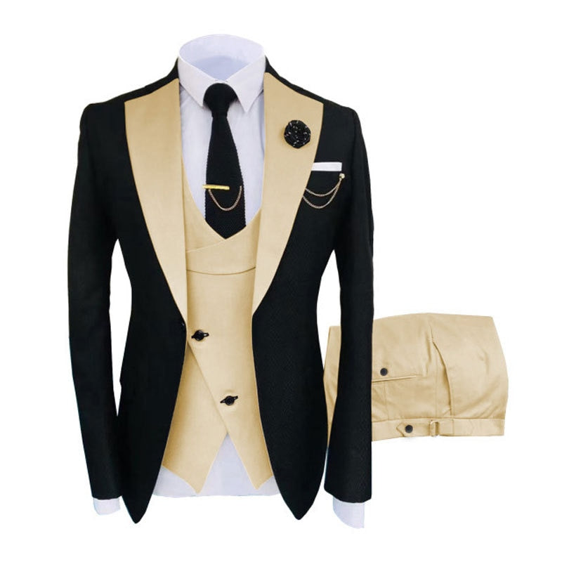 Slim Fit Fashion 3 Pieces Men Suit Formal Business Suits Champagne Beige Tuxedos for Wedding Groom Rugular Blazer+Pants+Vest