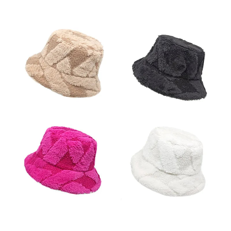 Chessboard Bucket hat Autumn and Winter New Versatile Japanese Thermal Cap Plush Korean Big Head Waist Basin Hat