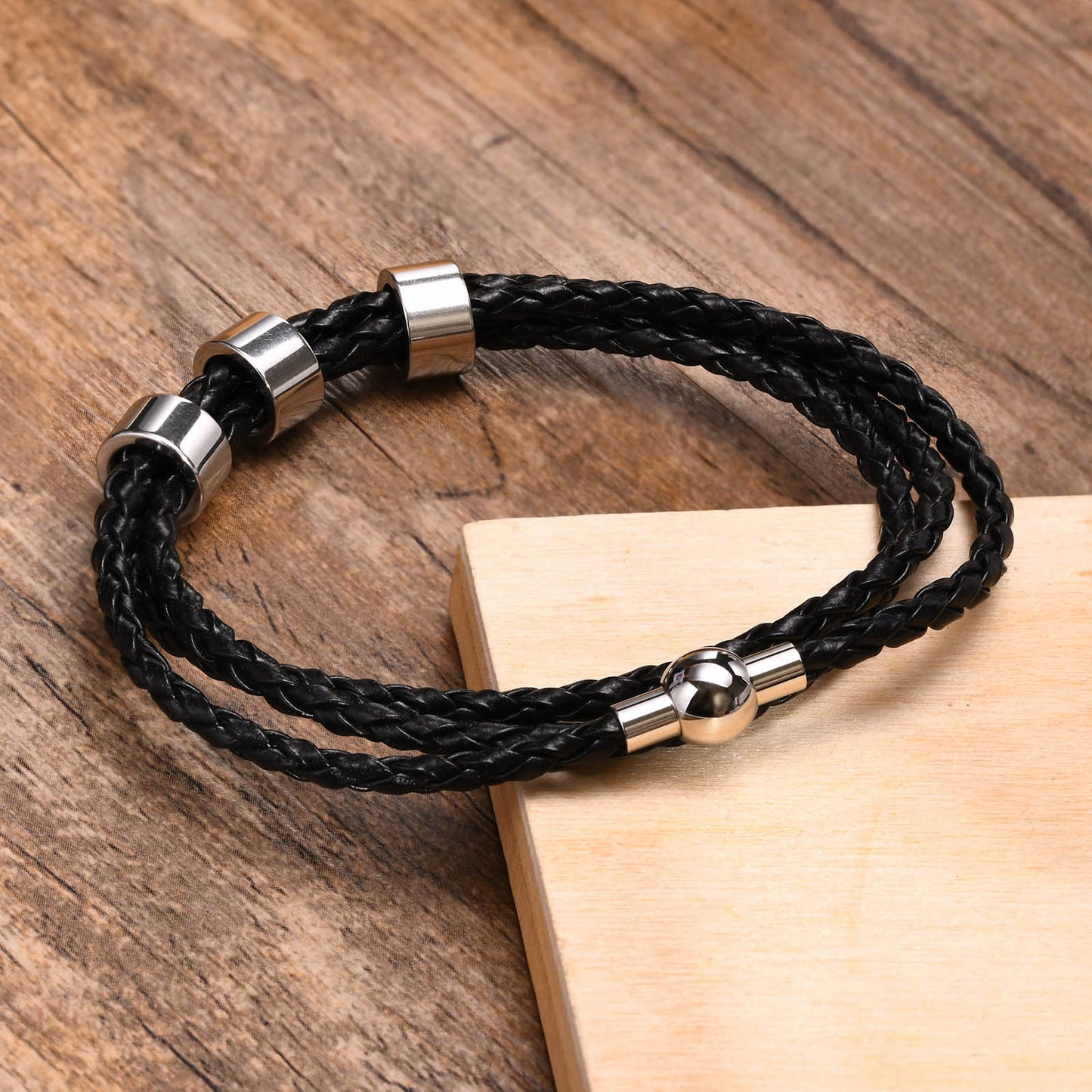 Vnox Free Custom Name Mens Braided Genuine Leather Bracelet Gifts Jewelry,Stainless Steel Beads Charm with Family Names