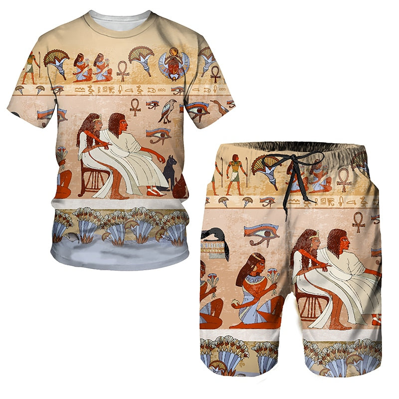 Men&#39;s African Style Summer Tracksuit Ethnic Totem Print T-Shirt Shorts Set Casual Clothing Vintage Oversized Fashion Outfits