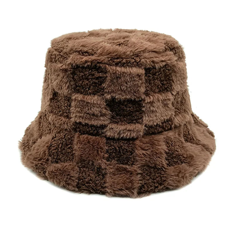 Chessboard Bucket hat Autumn and Winter New Versatile Japanese Thermal Cap Plush Korean Big Head Waist Basin Hat