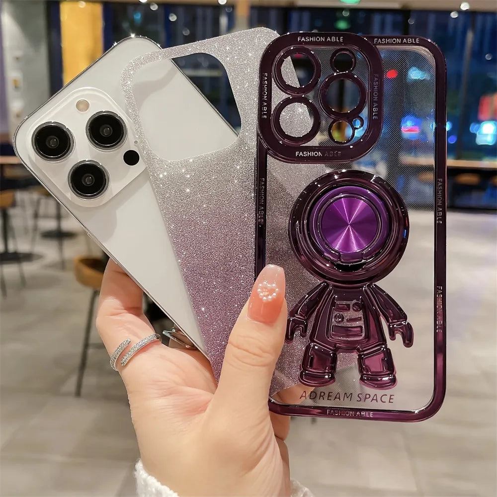 Astronaut Magnetic Ring Holder Case for iPhone 11 12 13 14 Pro Max Clear Plating for iphone 13 14 15 Pro Xs max XR 8 Plus Cover