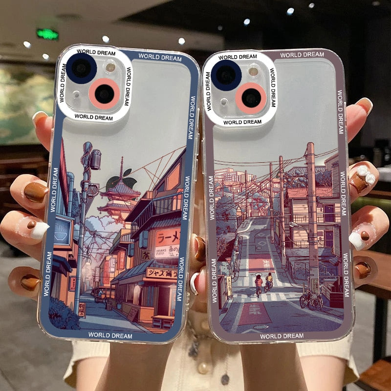 Japanese Anime Hand Painted House scenery Clear Phone Case For iPhone 13 14 12 11 Pro Max X XR XS 7 8Plus SE2 Transparent Cover