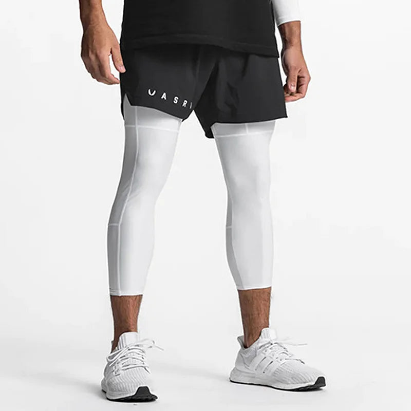 Mens Gym Running Compression 2 in 1 Double-deck Leggings Sports Quick Dry Tights Stretchy Training Pants Fitness Jogger Trousers