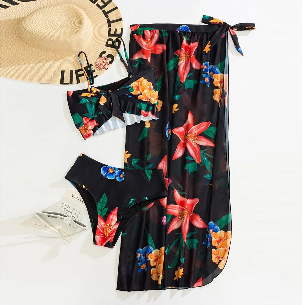 New 3 Pieces Bikini Sets Swimsuit With Skirt Women Sexy Floral Print Tied Beachwear Swimwear