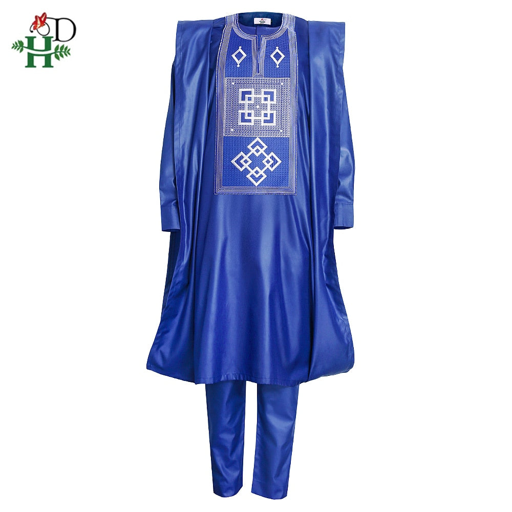 H&amp;D African Clothes for Men Blue Rich Bazin Embroidery Traditional Clothes 3 Pcs Sut Shirt Pants Set Wedding Clothing Dashiki