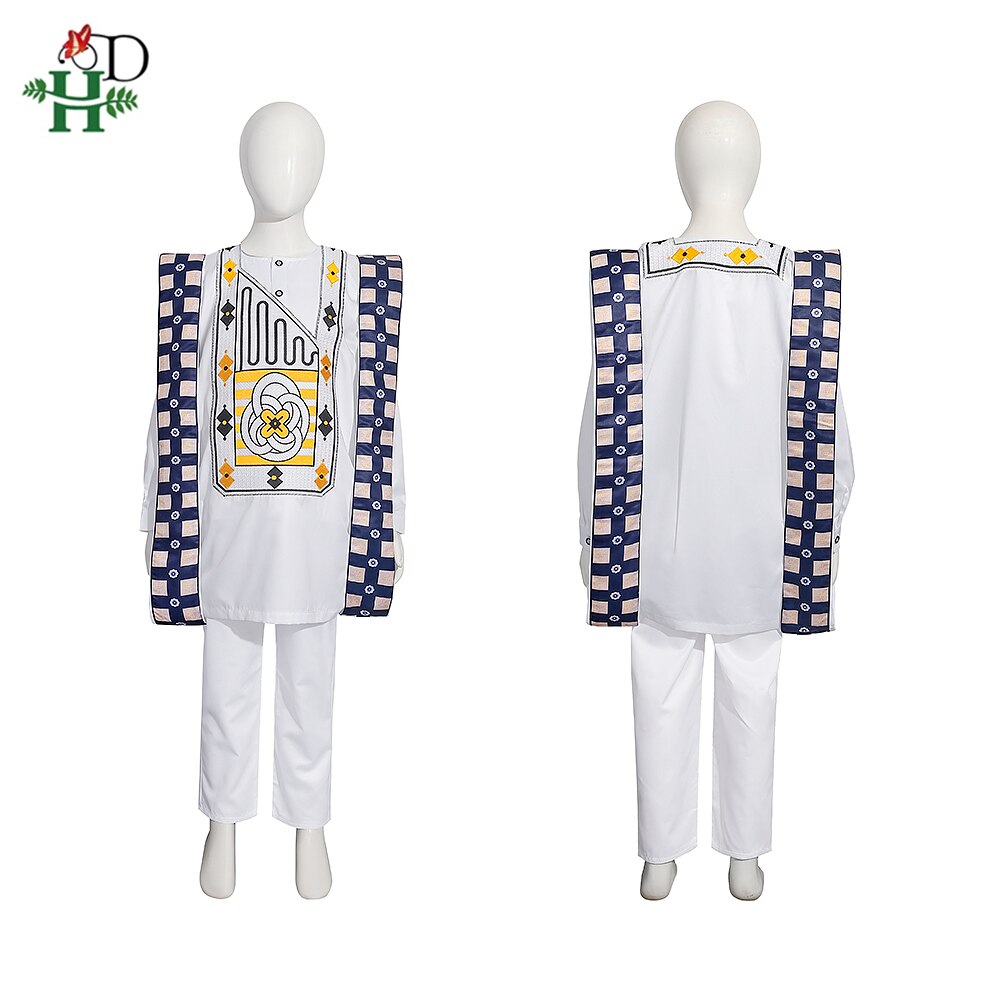 New African Tradition Clothes For Kids Boys White Long Sleeve Tops Embroidery Dashiki Robe Shirt Pant Child Set 3 PCS