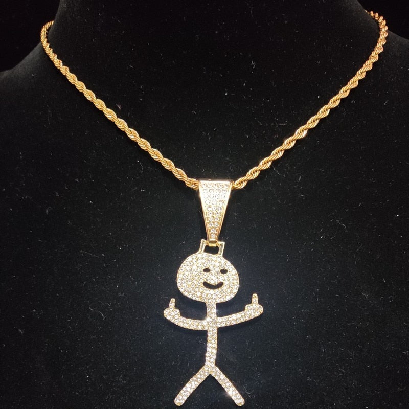 Men Women Hip Hop Stickman Middle Finger Pendant Necklace Fashion HipHop Iced Out Bling Funny Pendants Necklaces Charm Jewelry