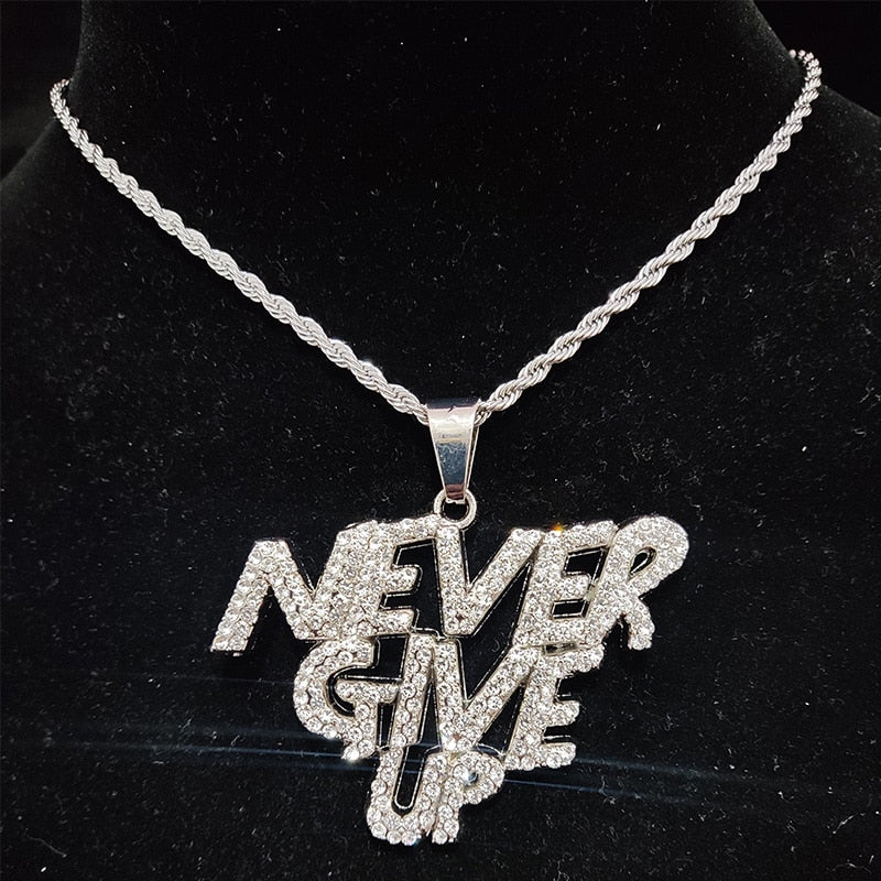 Men Women Hip Hop NEVER GIVE UP Pendant Necklace 13mm Crystal Cuban Chain HipHop Iced Out Bling Necklaces Fashion Charm Jewelry