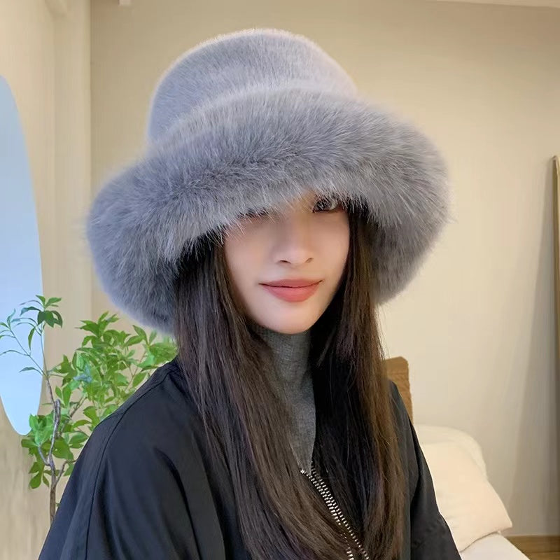 Fluffy Faux Fur Bucket Hats Women Rabbit Fur Warm Thick Plush Winter Hat Lady Fashion Luxury Panama Furry Fisherman Cap Y2k