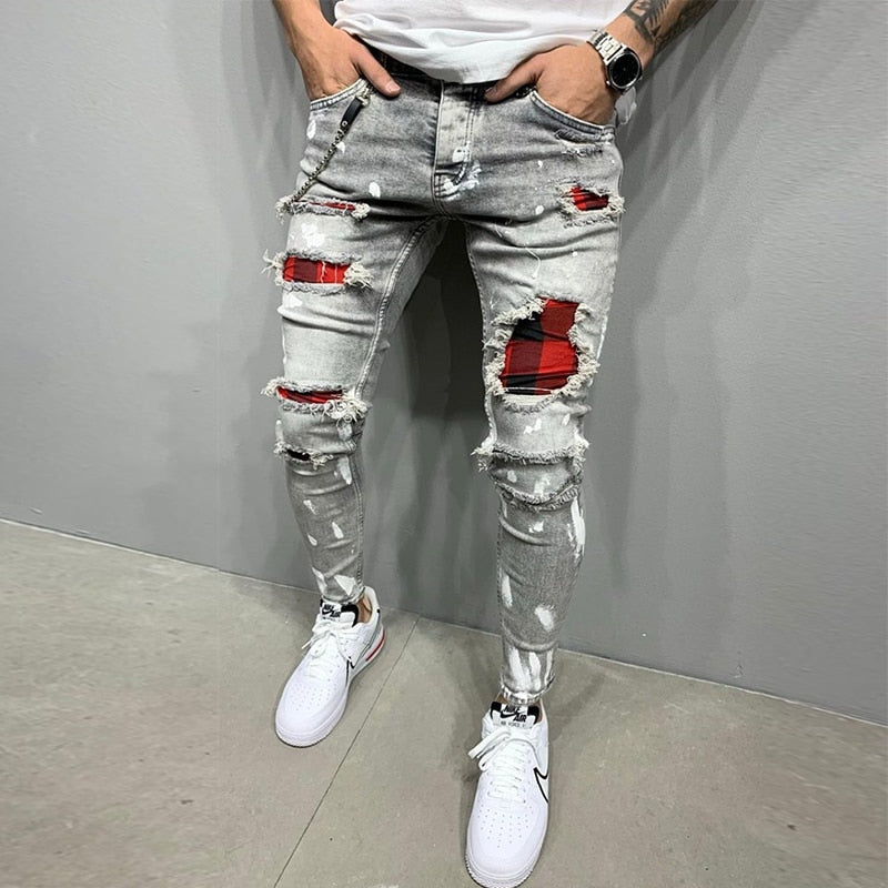 Ripped Jeans Men Stretch Skinny Grey Blue Black Hip Hop Denim Trousers Streetwear Casual Slim Fit Jeans for Men Jogging jean