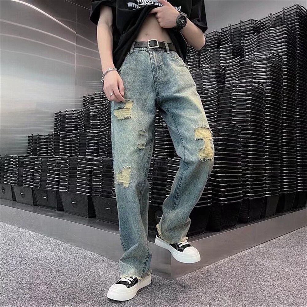 streetwear ripped jean femme baggy denim Jeans for men Man casual wide leg pants Men&#39;s jeans Male trousers mens pantalon